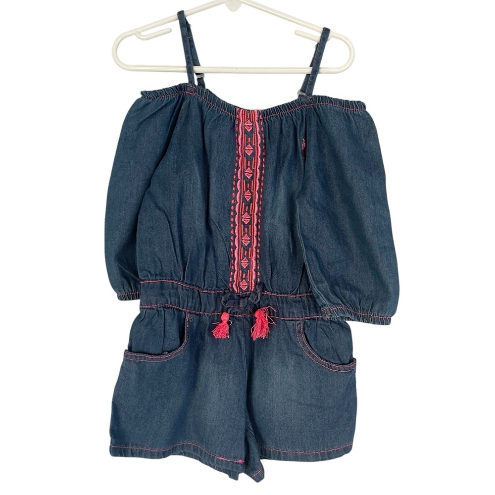 US Polo Assn Girl Off Shoulder Shorts Romper Size 5/6 Denim Embroidered
